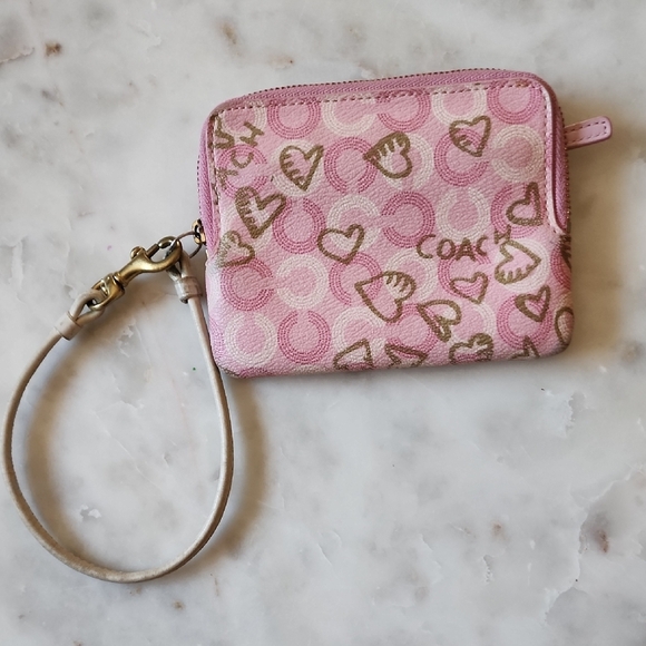 Coach Pink and Gold Heart Pattern Wristlet - Picture 4 of 13